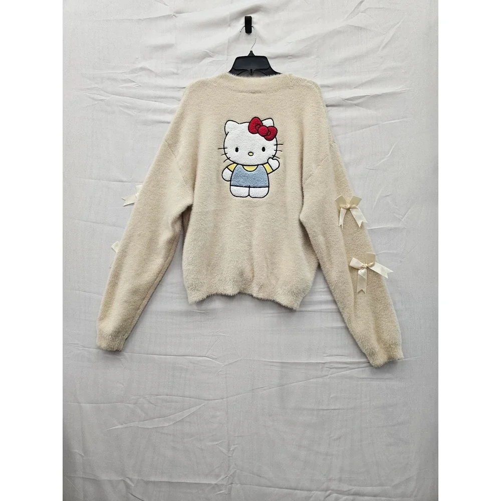 Sanrio Hello Kitty Fuzzy Cardigan Sweater Cream Bows XL KTHK016GLB NEW - Picture 2 of 7